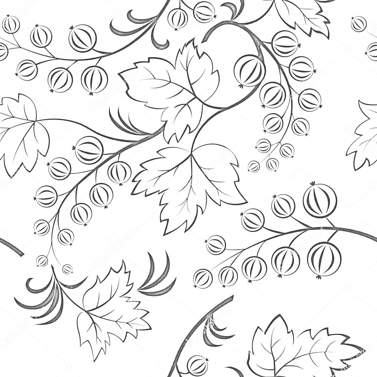 Раскраска Хохлома узор с ягодами и листьями в круге