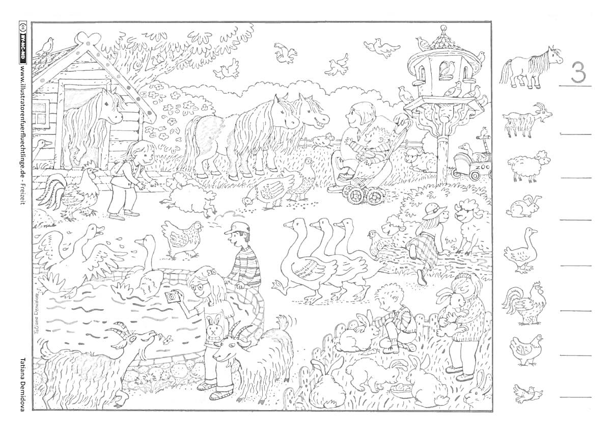 Раскраска Детская ферма со множеством животных и людей
