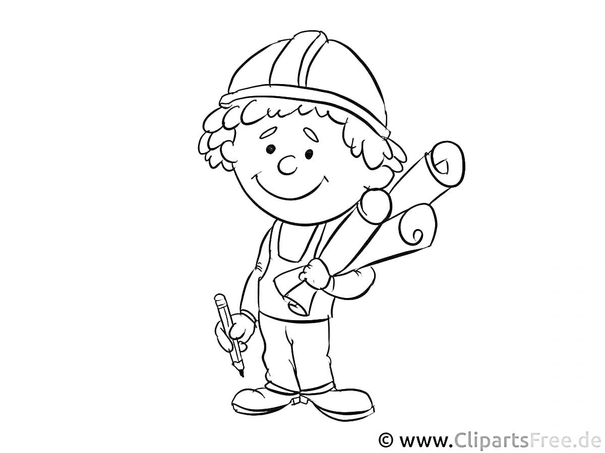 Ребенок-инженер с каской, чертежами и карандашом