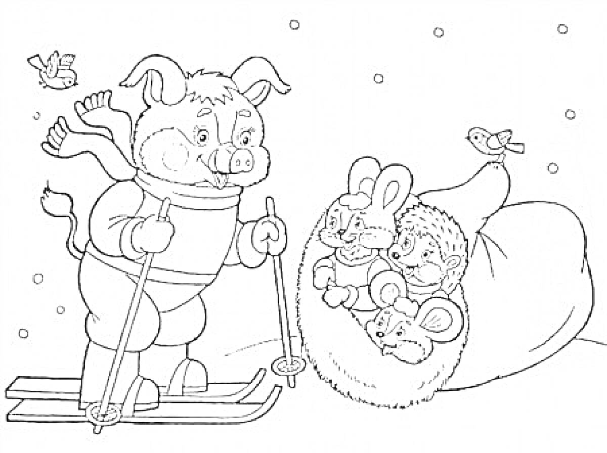 Лыжник-свинка и друзья-животные в мешке, зимняя сцена с птицами
