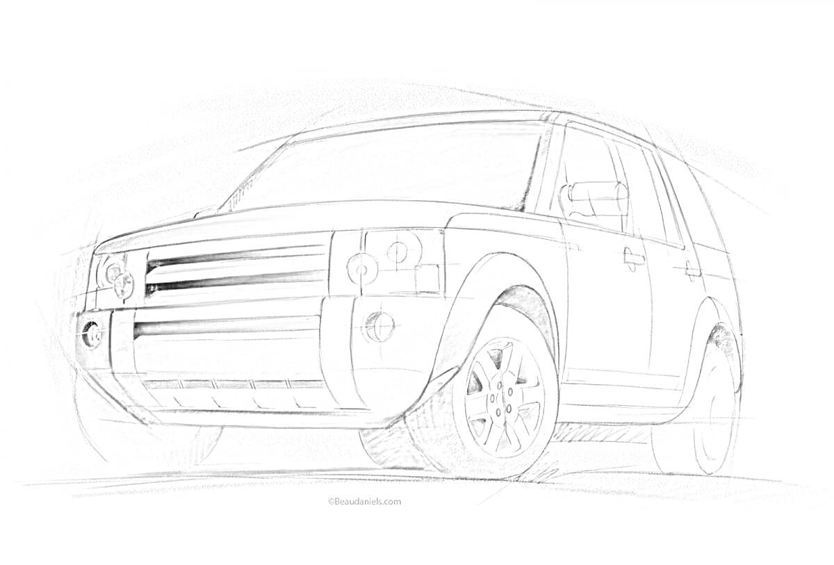 На раскраске изображено: Range Rover, Внедорожник, Передний план, Окна, Боковое зеркало