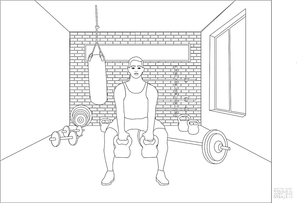 Раскраска Тренировка в спортзале с гантелями, грифом, гантелями, боксерской грушей и окнами