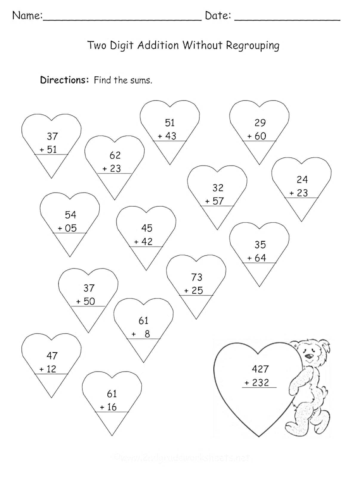 Раскраска Сердечки с примерами на сложение двузначных чисел и медвежонок