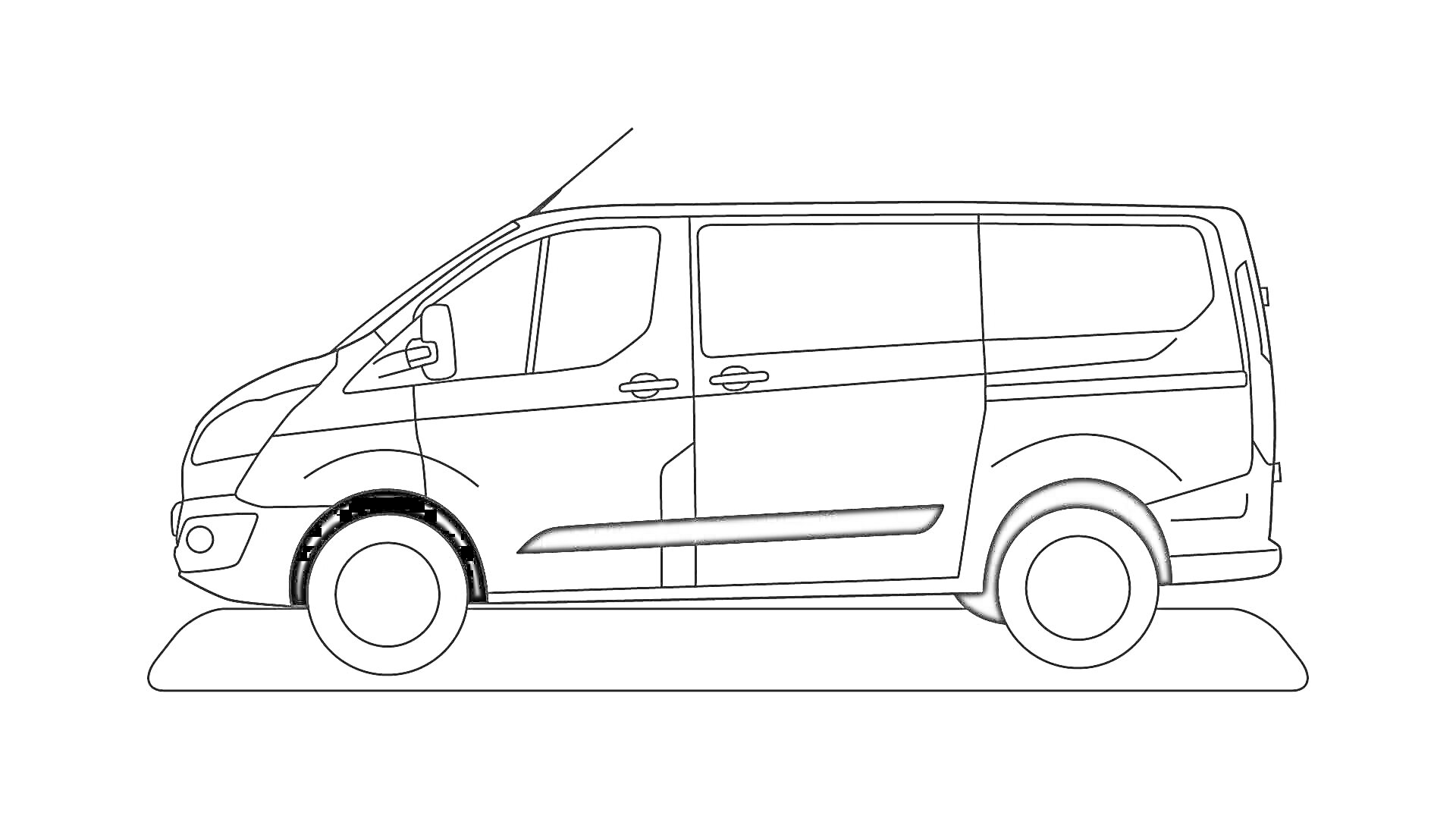 Раскраска Контурный рисунок автомобиля Ford Transit с боковым видом на дороге