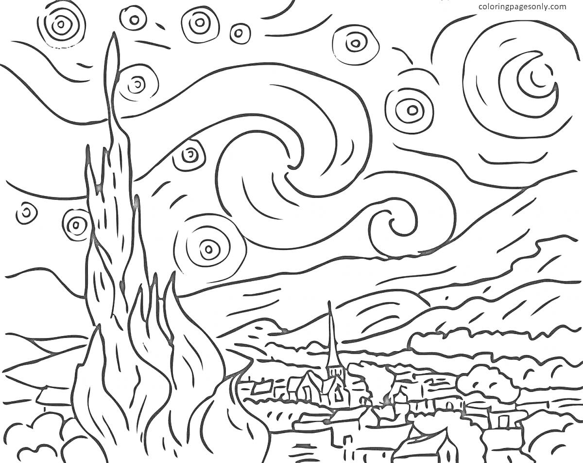 На раскраске изображено: Звезды, Кипарис, Деревня, Церковь, Природа, Небо