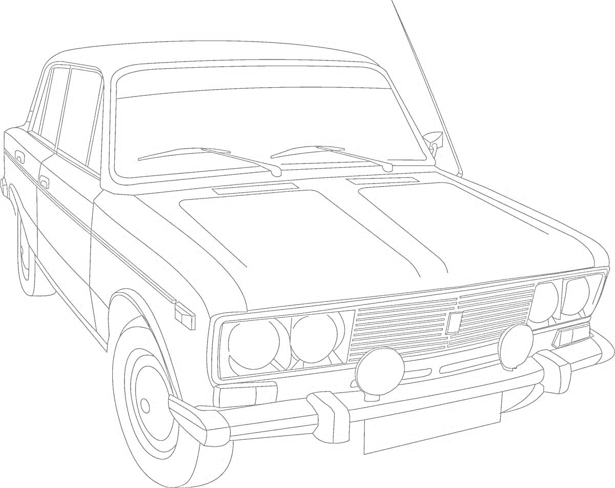 Раскраска Автомобиль ВАЗ-2107 с передними фарами, двуногими стеклоочистителями и передним бампером