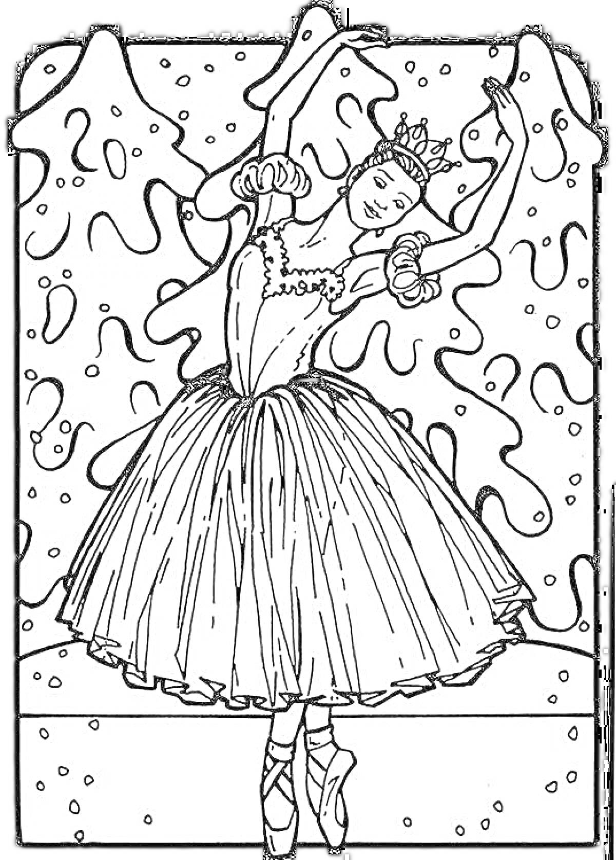 Раскраска Принцесса-балерина в короне в балетной пачке на фоне рождественской ели
