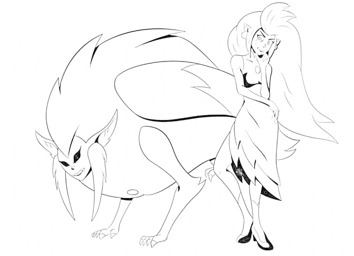 Раскраска Женщина-ведьма с длинными волосами и монстр-мутант с острыми зубами