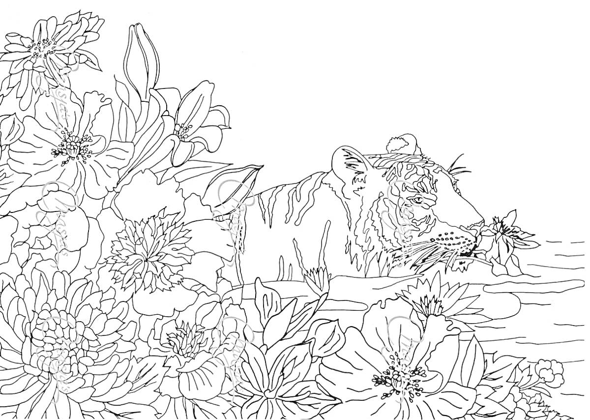 На раскраске изображено: Тигр, Цветы, Вода, Природа, Животные