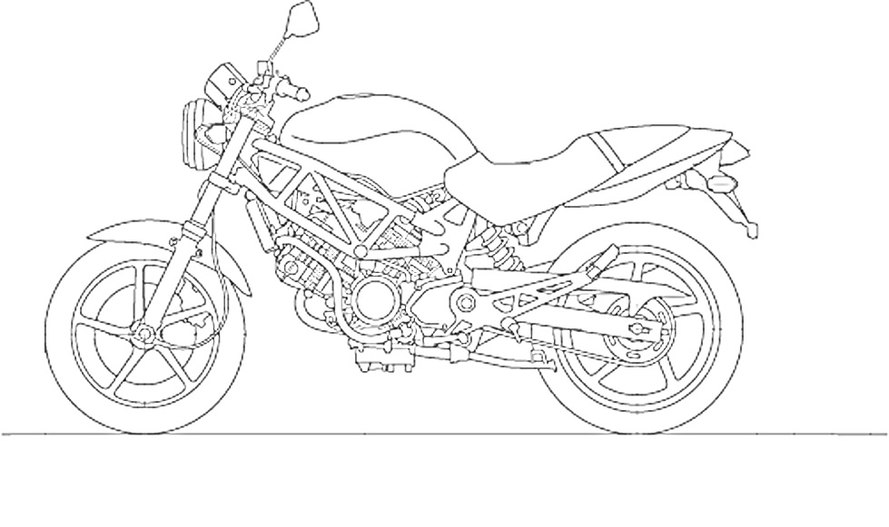 Раскраска Линейная раскраска мотоцикла с боковой проекцией, включающая переднее и заднее колесо, сиденье, выхлопную систему, двигатель, руль и зеркала заднего вида.
