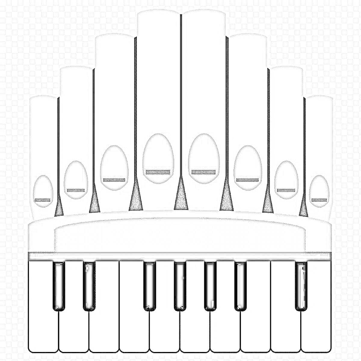 На раскраске изображено: Орган, Клавиши, Музыкальные инструменты