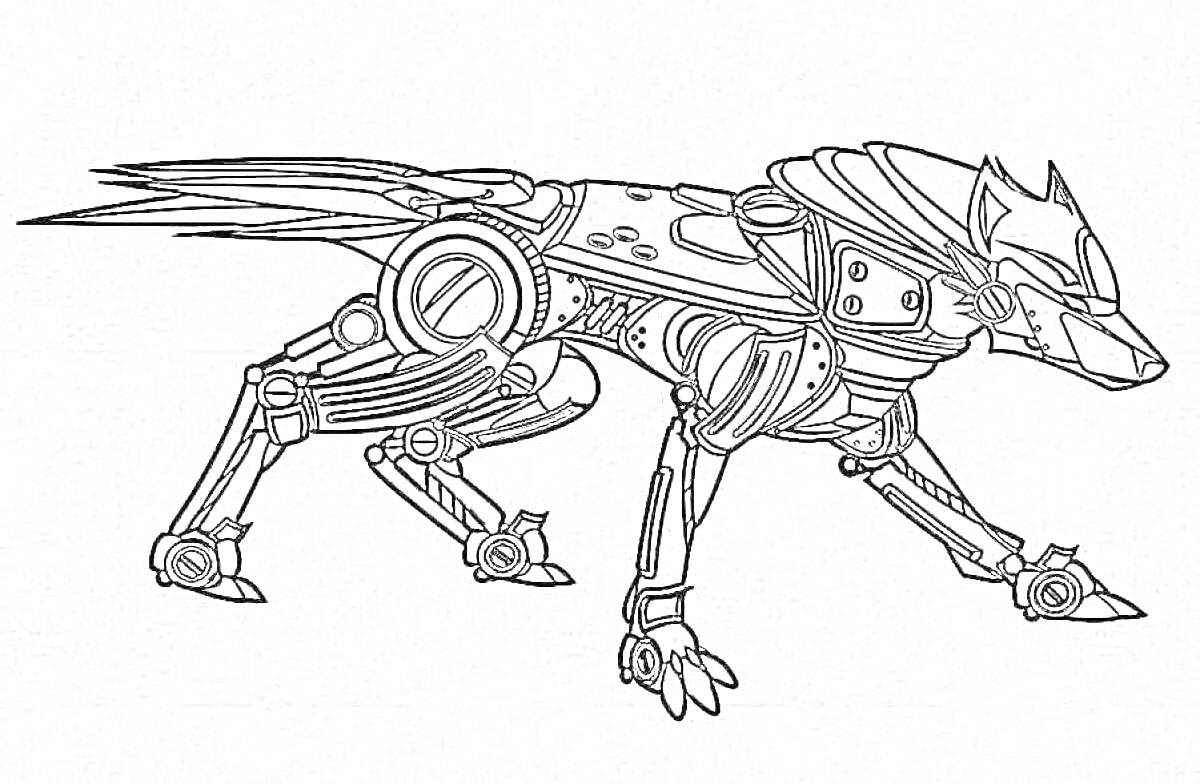 Раскраска Собака робот с механическими деталями, стоящая на четырех лапах