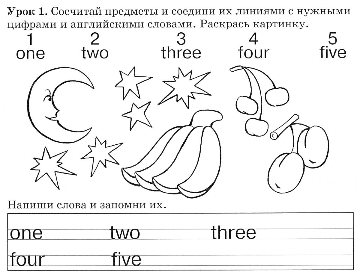 На раскраске изображено: Цифры, Один, Луна, Звезды, Обучение