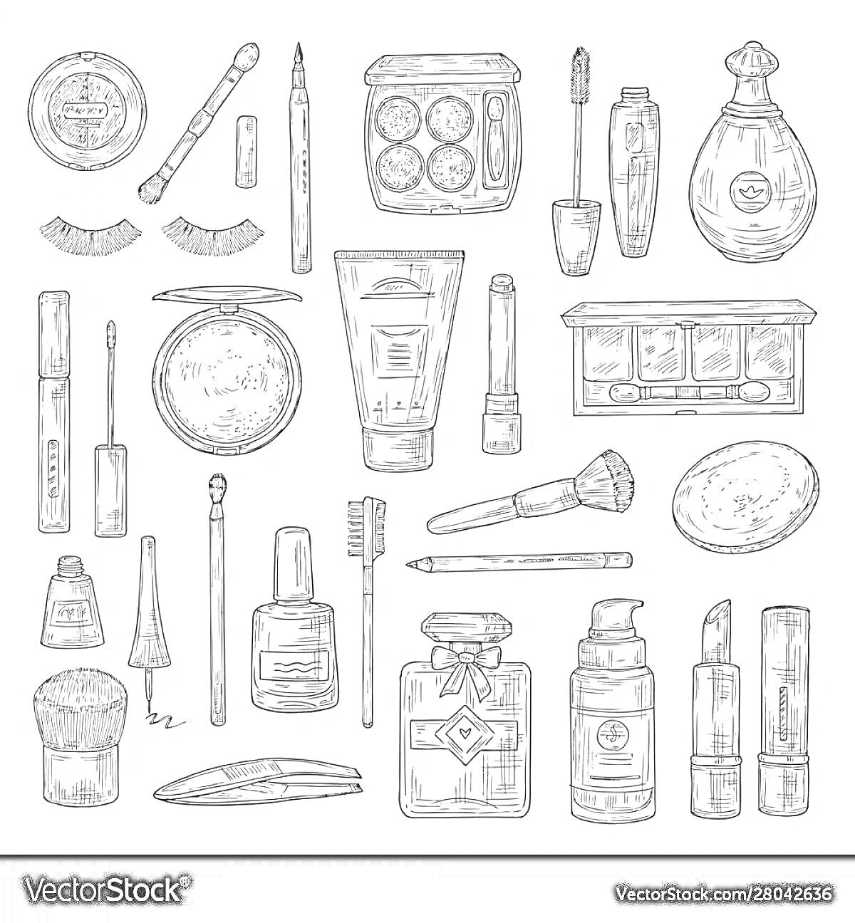 На раскраске изображено: Косметика, Тюбики, Флаконы, Кисти, Пудра, Помада, Лосьон, Крем, Щетка, Ресницы