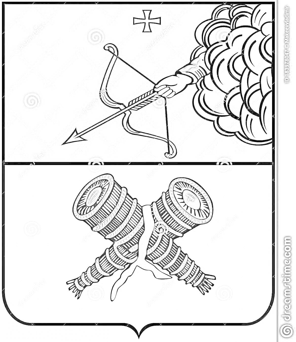 Герб Кировской области с луком и стрелой в облаке и двумя перекрещенными бочками