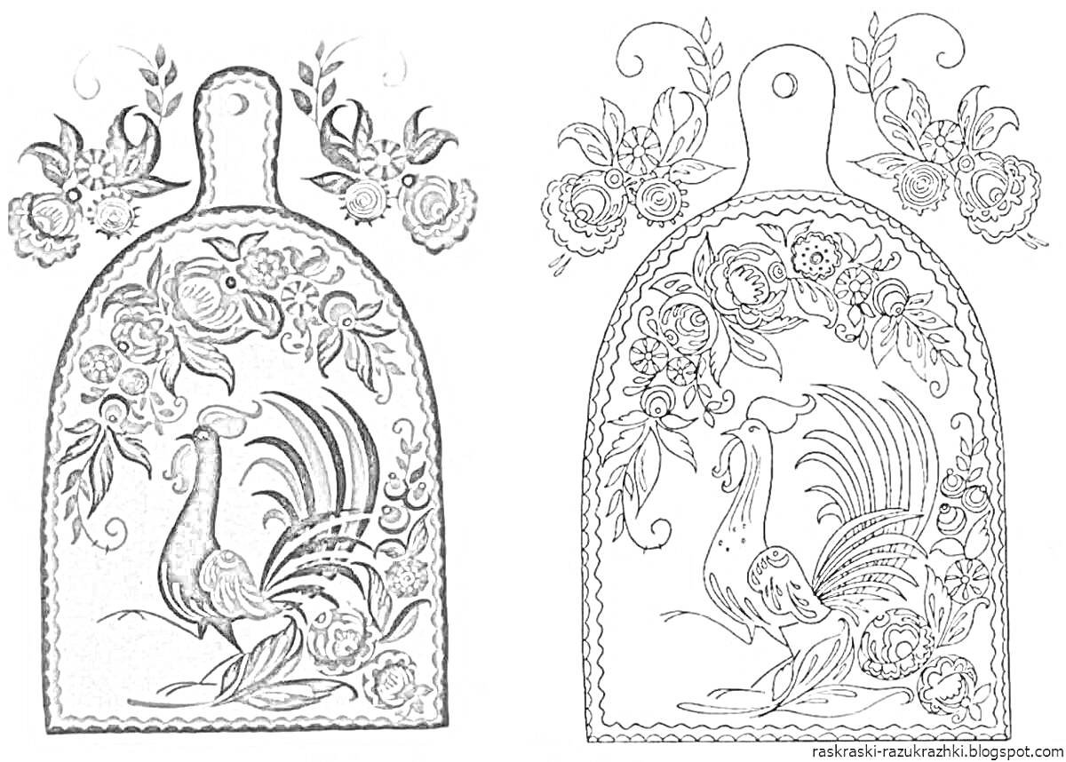 На раскраске изображено: Народные промыслы, Петух, Цветы, Деревянная доска, Роспись, Творчество