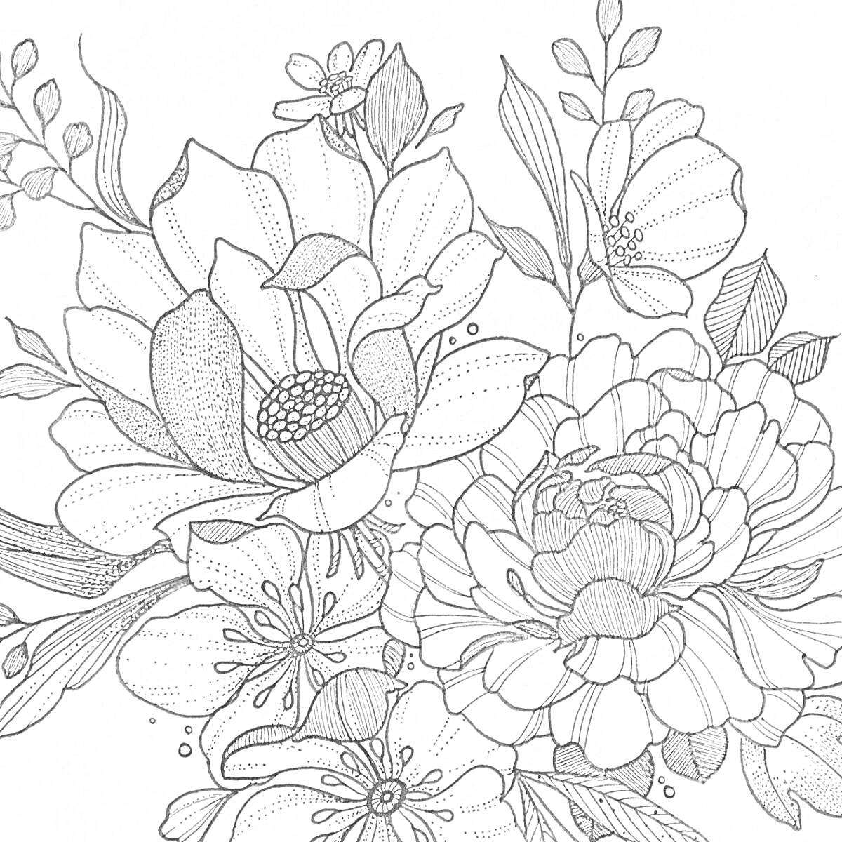 Раскраска Букет из акварельных цветов, содержащий большие и маленькие цветы, листья и бутоны