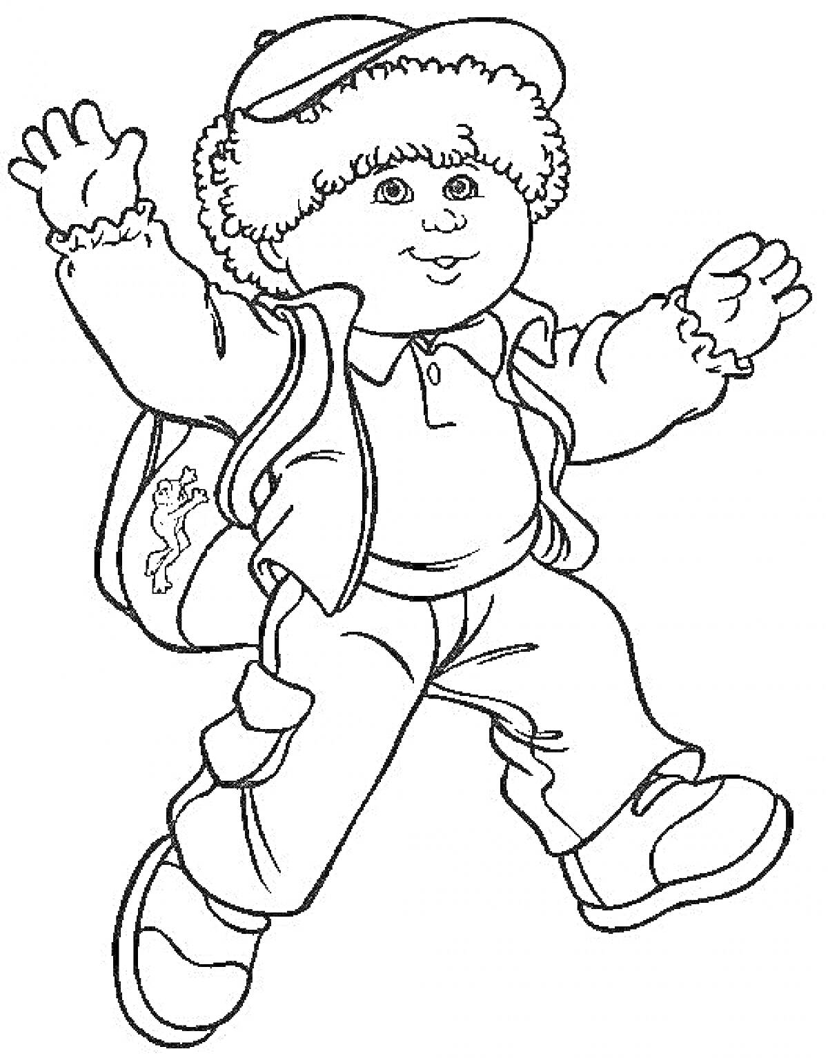 Раскраска Мальчик в зимней одежде с рюкзаком, в шапке и куртке, поднимающий руки вверх