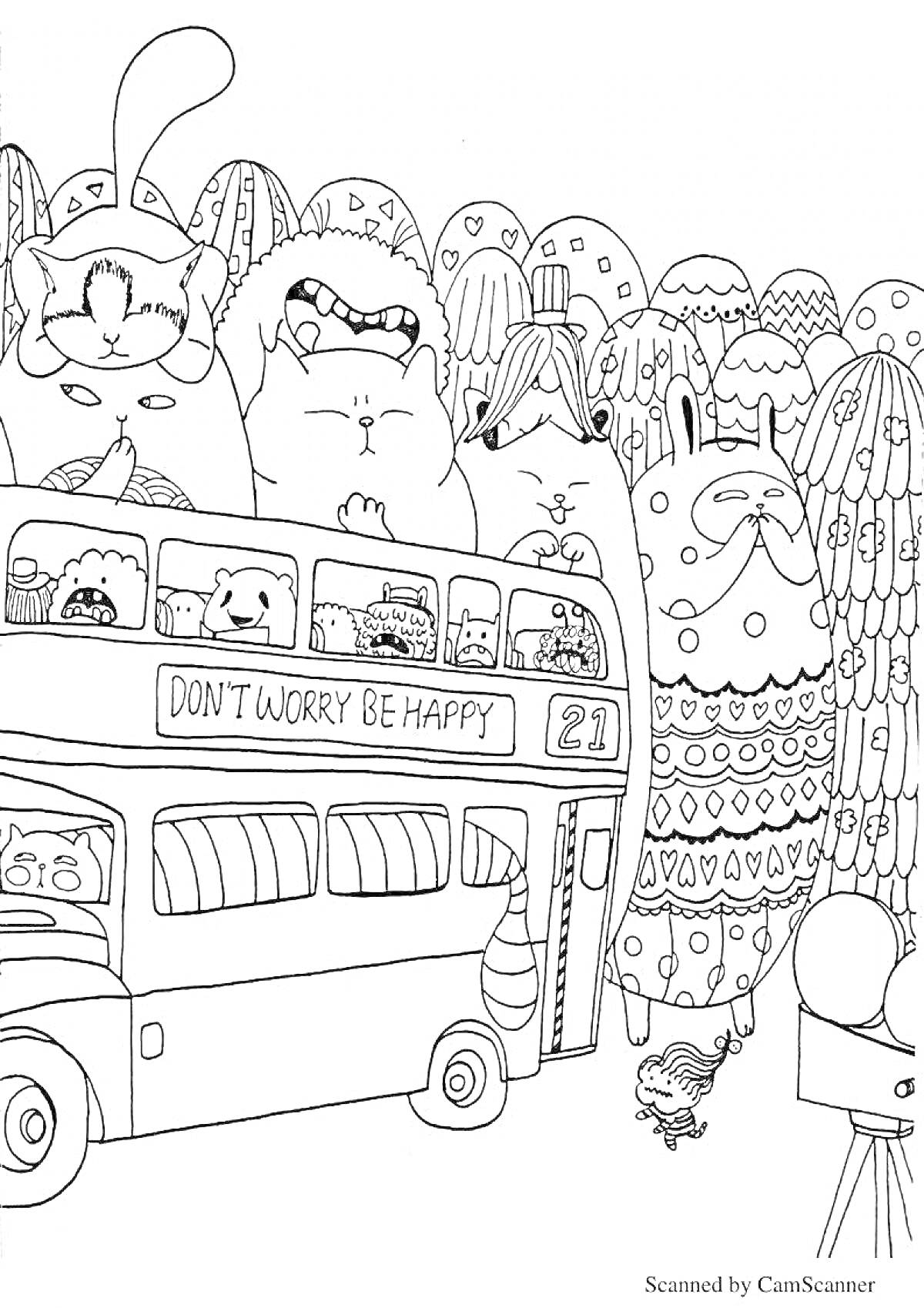 Раскраска Новогодние коты в автобусе на фоне новогодней елки и съемочной площадки
