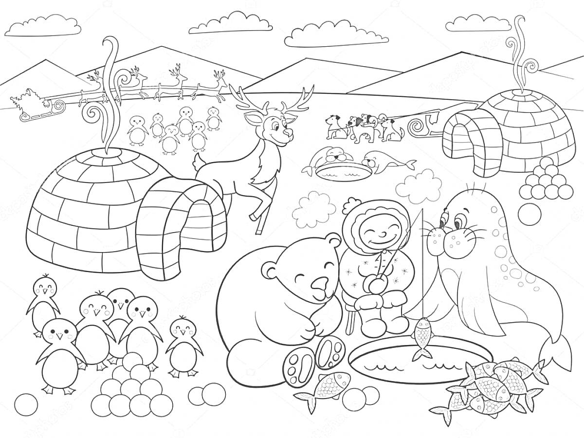 На раскраске изображено: Животные севера, Олень, Пингвины, Белый медведь, Морж, Иглу, Ребёнок, Зима, Рыба, Облака, Горы