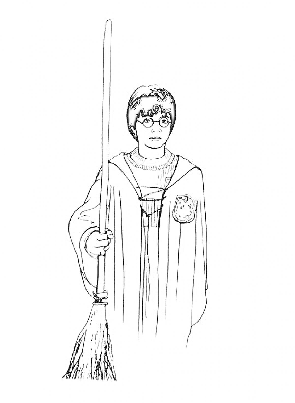 Раскраска Гарри Поттер с метлой и в мантии