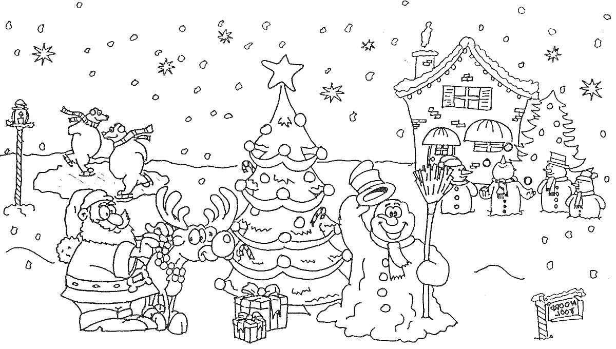 На раскраске изображено: Олень, Подарки, Дом, Снежки, Снег, Снежинки, Пингвины