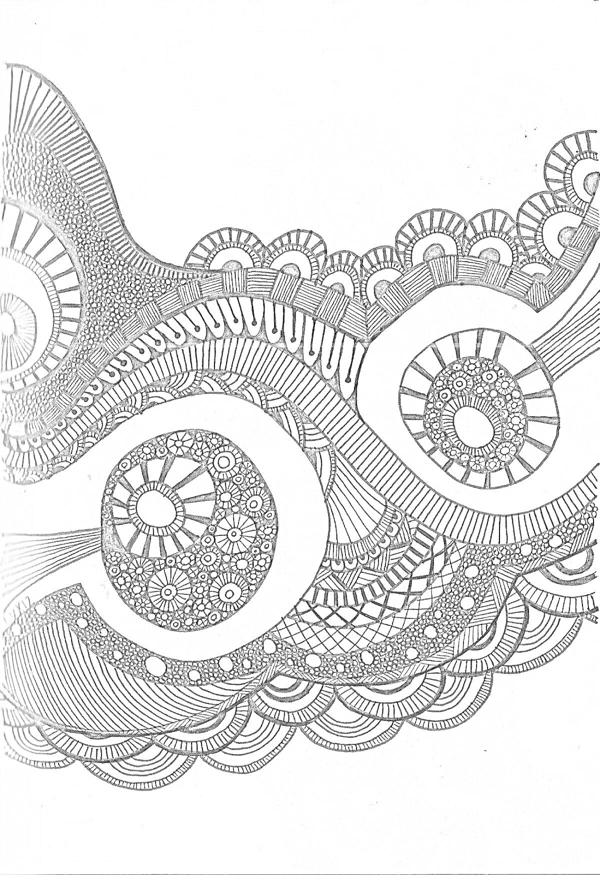 Раскраска Зентангл с круговыми и волнообразными узорами, состоящими из спиралей, линий, точек и дуг.