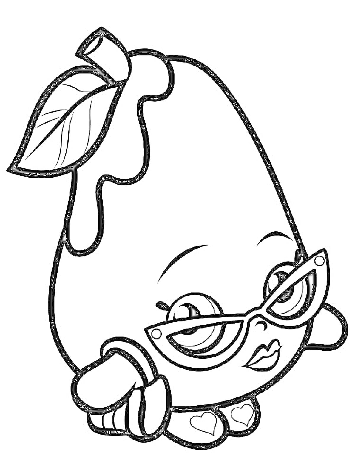 Раскраска Шопкинс, персонаж в виде груши с листьями на голове, в очках, с ручками и ножками, на ножках сердечки