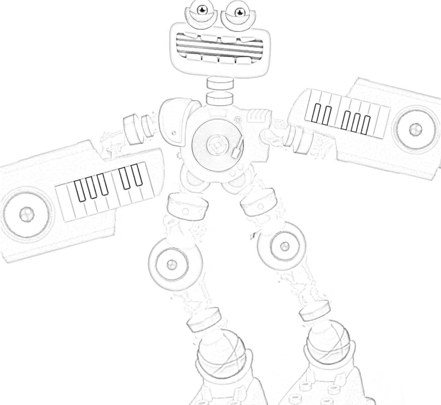 Раскраска Музыкальный робот Карабас с динамиками и клавишами на руках