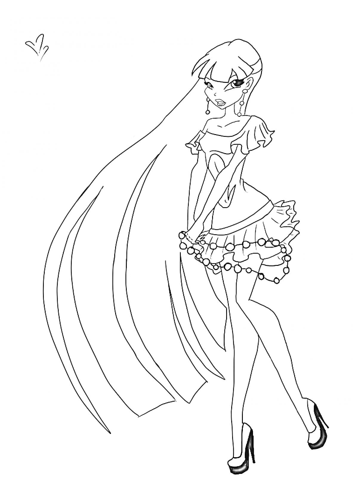 Раскраска Винкс принцесса с длинными волосами в коротком платье и туфлях на высоком каблуке