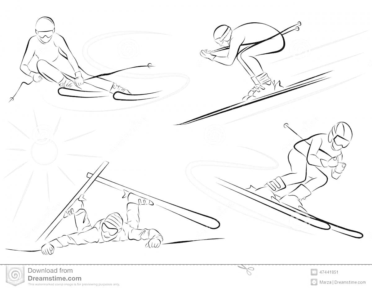 Раскраска Горнолыжник в разных положениях: наклон вперед, стойка на лыжах, падение на лыжах с палками, скольжение вниз