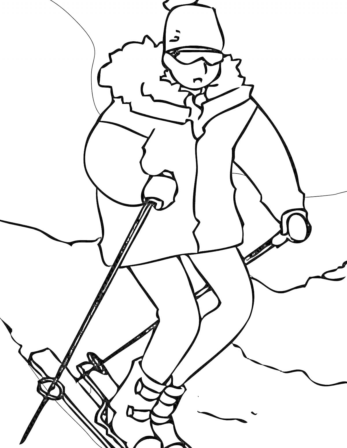 На раскраске изображено: Лыжник, Снег, Зима, Лыжные палки, Зимняя одежда, Шапка, Солнечные очки, Горы