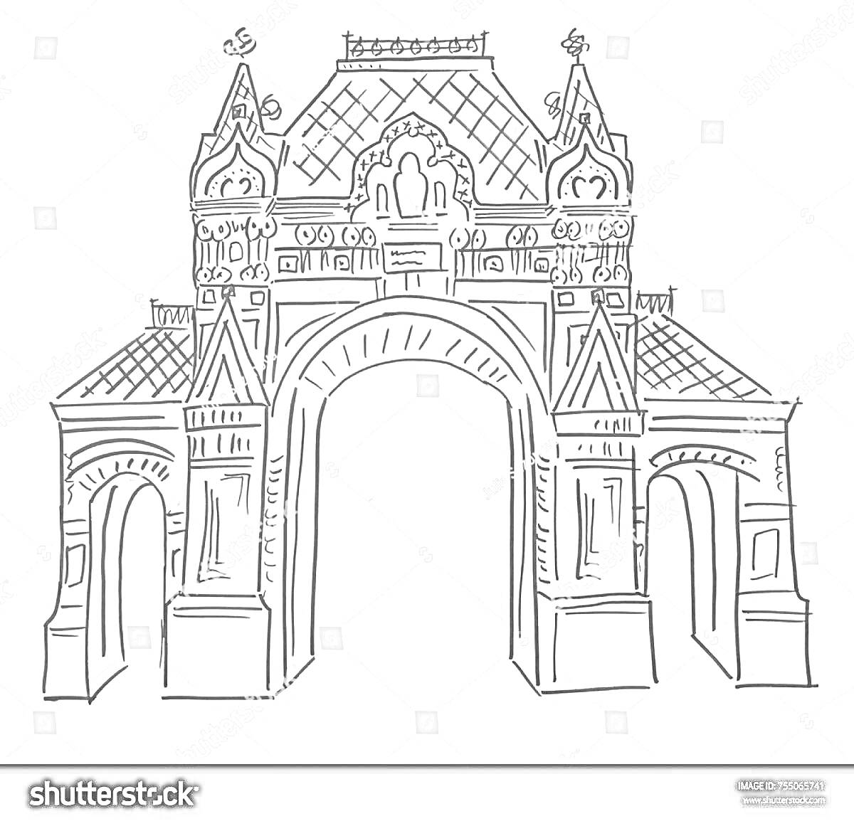 Раскраска Триумфальная арка в Краснодаре с декоративными элементами, башенками и арками