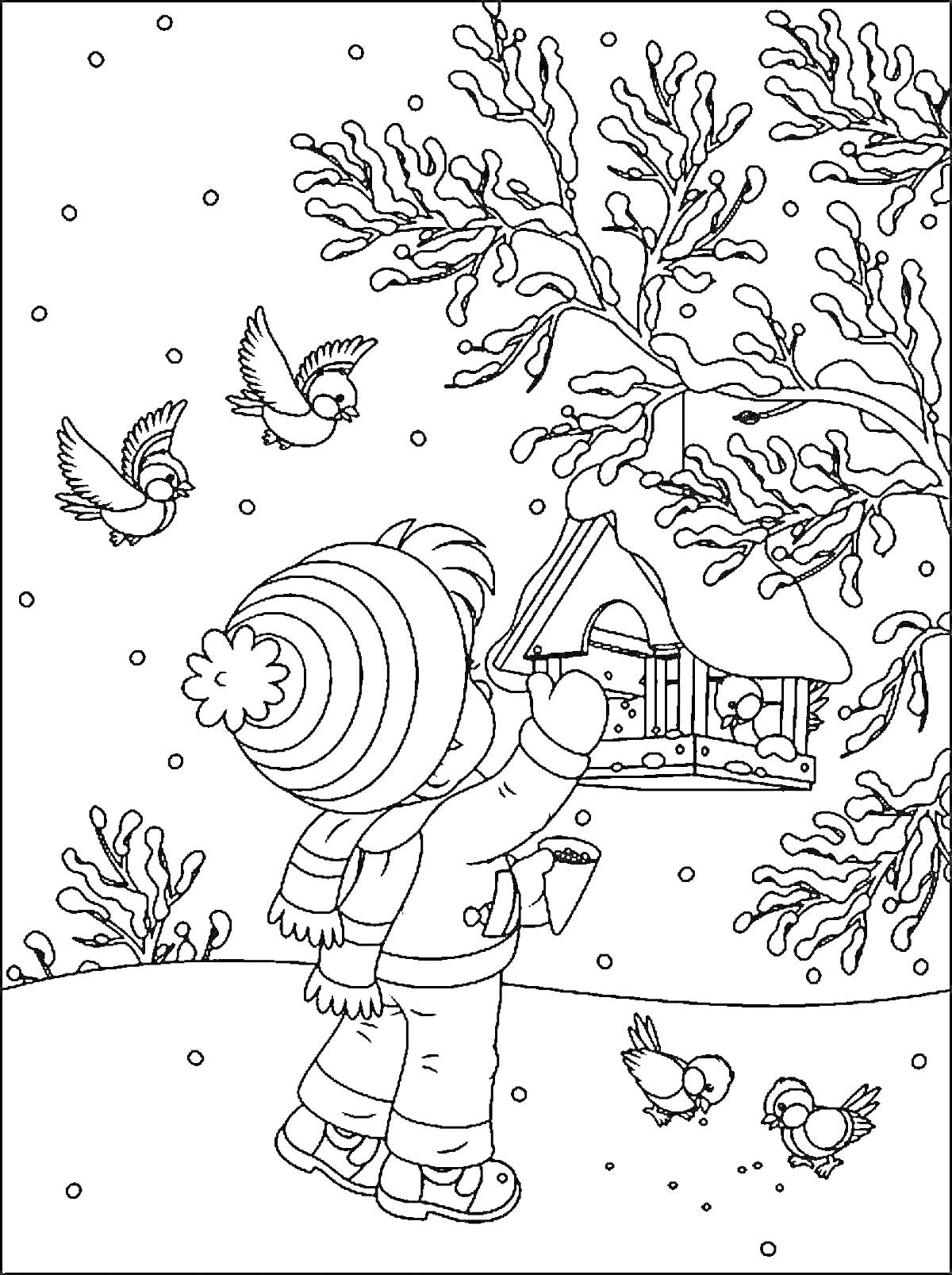 На раскраске изображено: Ребенок, Зимняя одежда, Шапка, Шарф, Кормушка для птиц, Снег, Деревья, Холмы, Зима, Природа, Синица