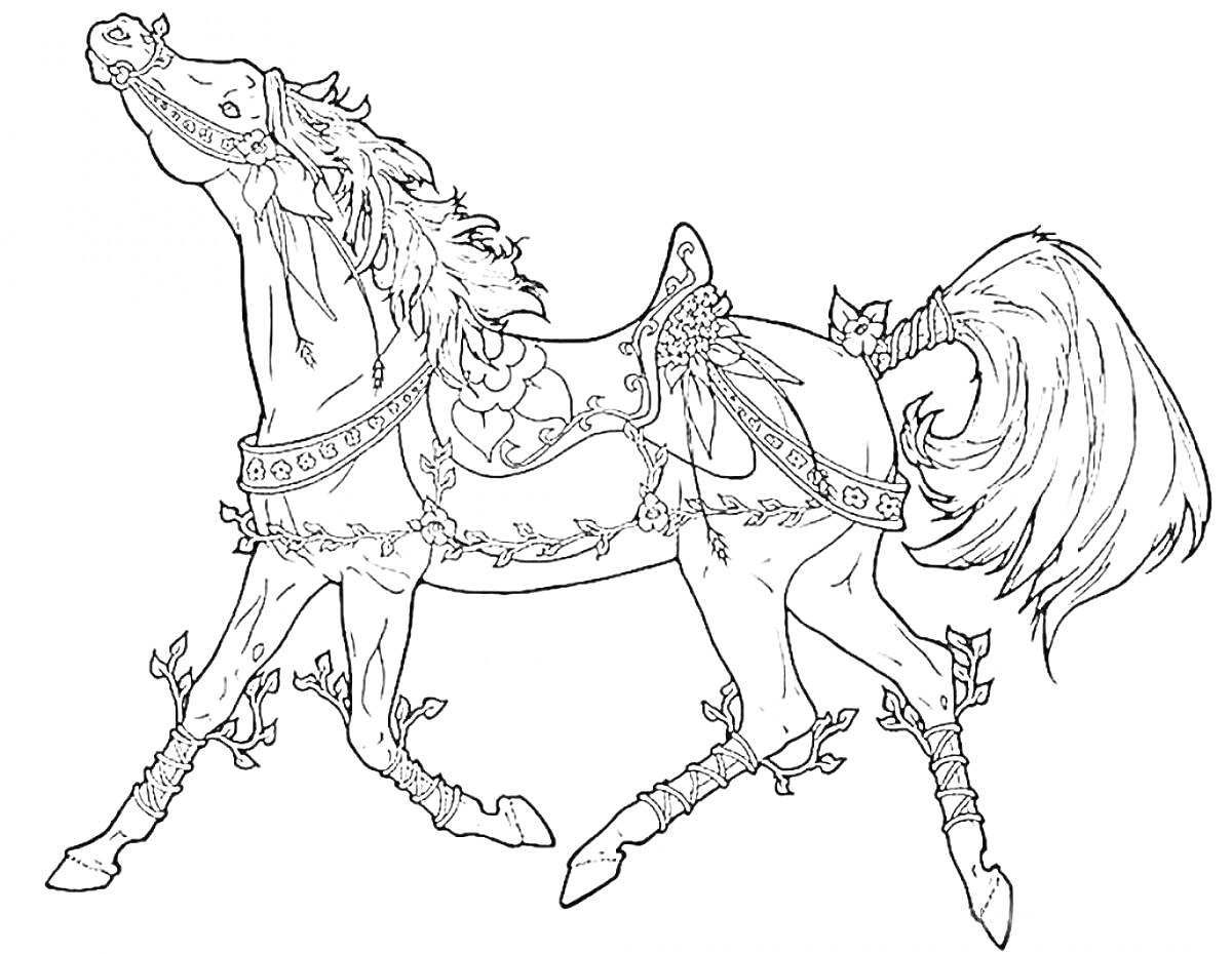 Раскраска Лошадь с украшениями на уздечке и копытах, украшенная вьюнками и цветами