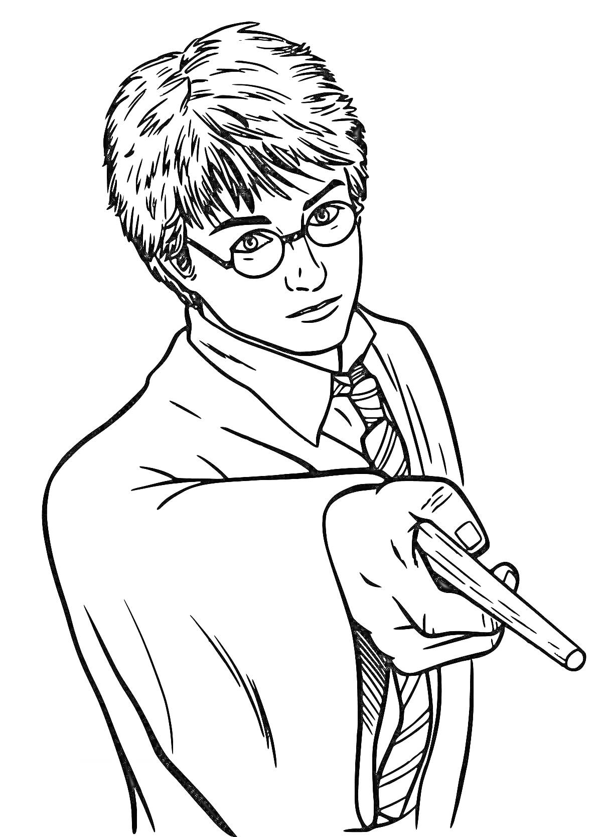 Раскраска Гарри Поттер с волшебной палочкой в плаще и галстуке