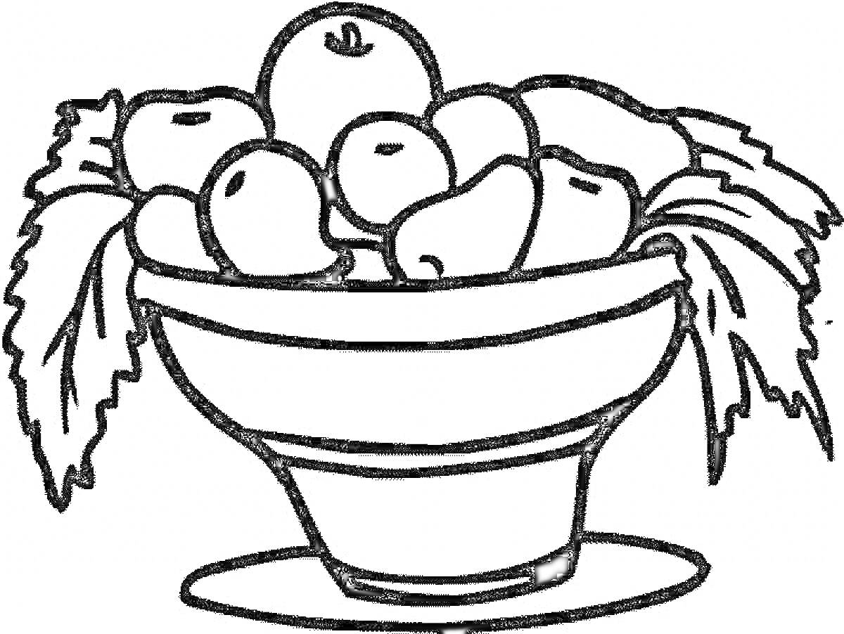 Раскраска Ваза с фруктами и листьями на блюде