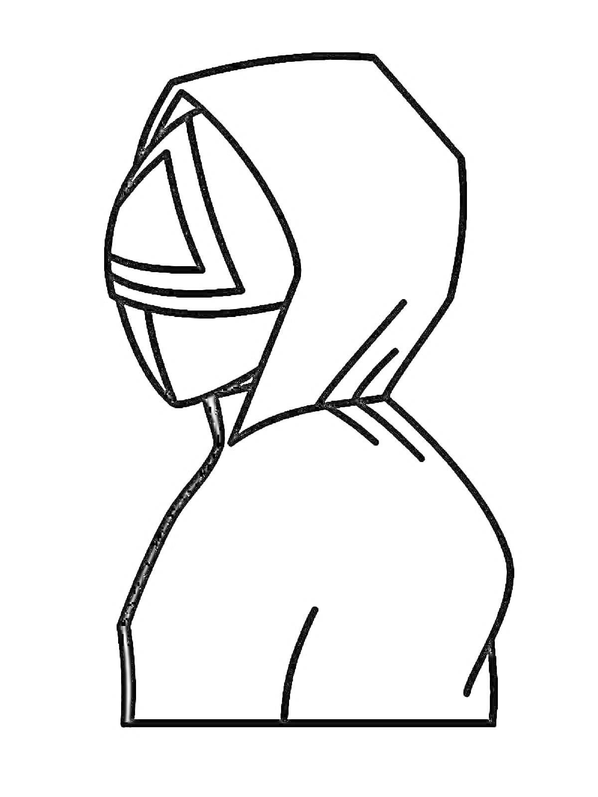 Раскраска Человек в капюшоне и маске с треугольником, боковой вид