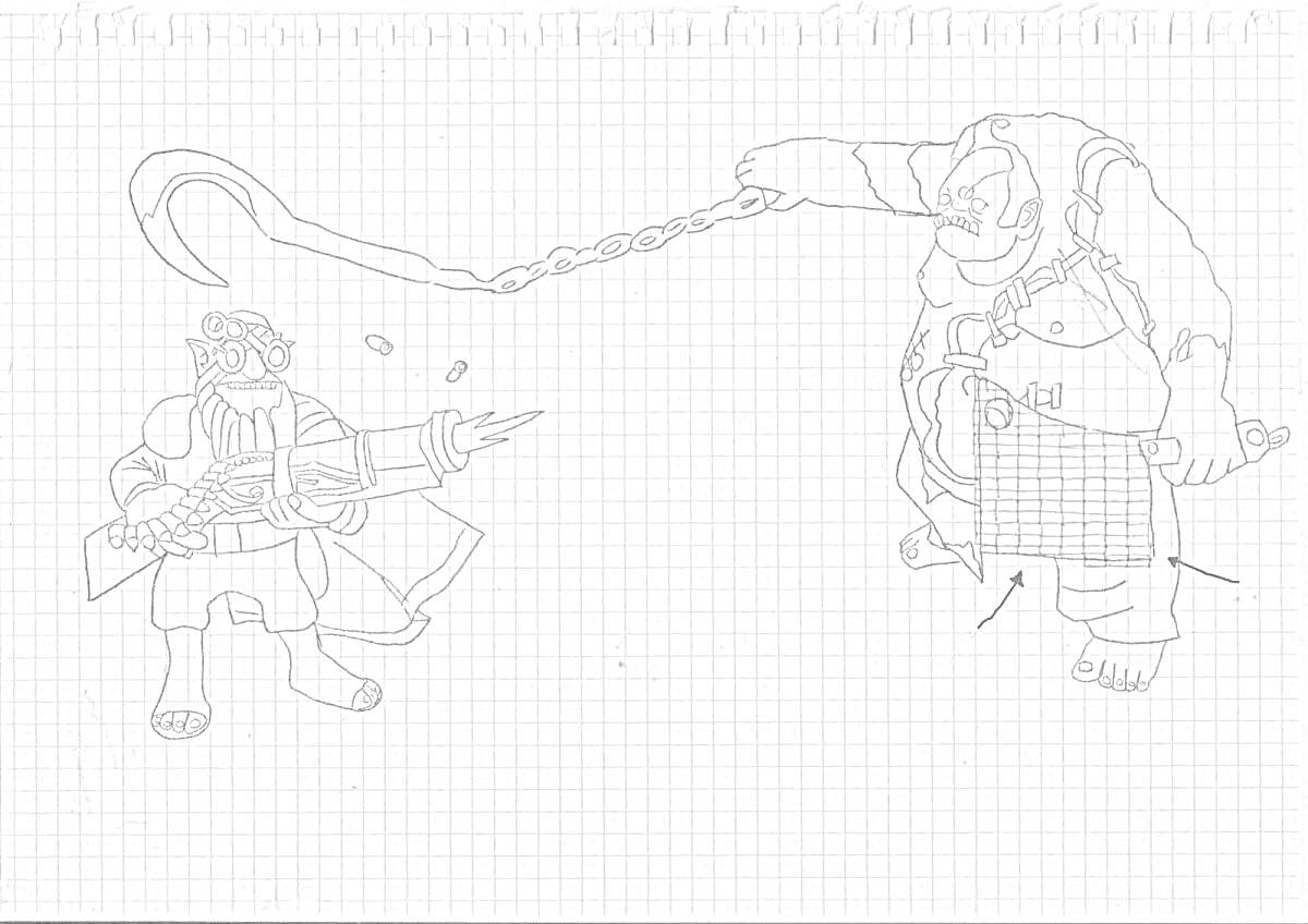 Раскраска Герои Дота 2: Пудж с крюком и цепью атакует персонажа с оружием на миллиметровке