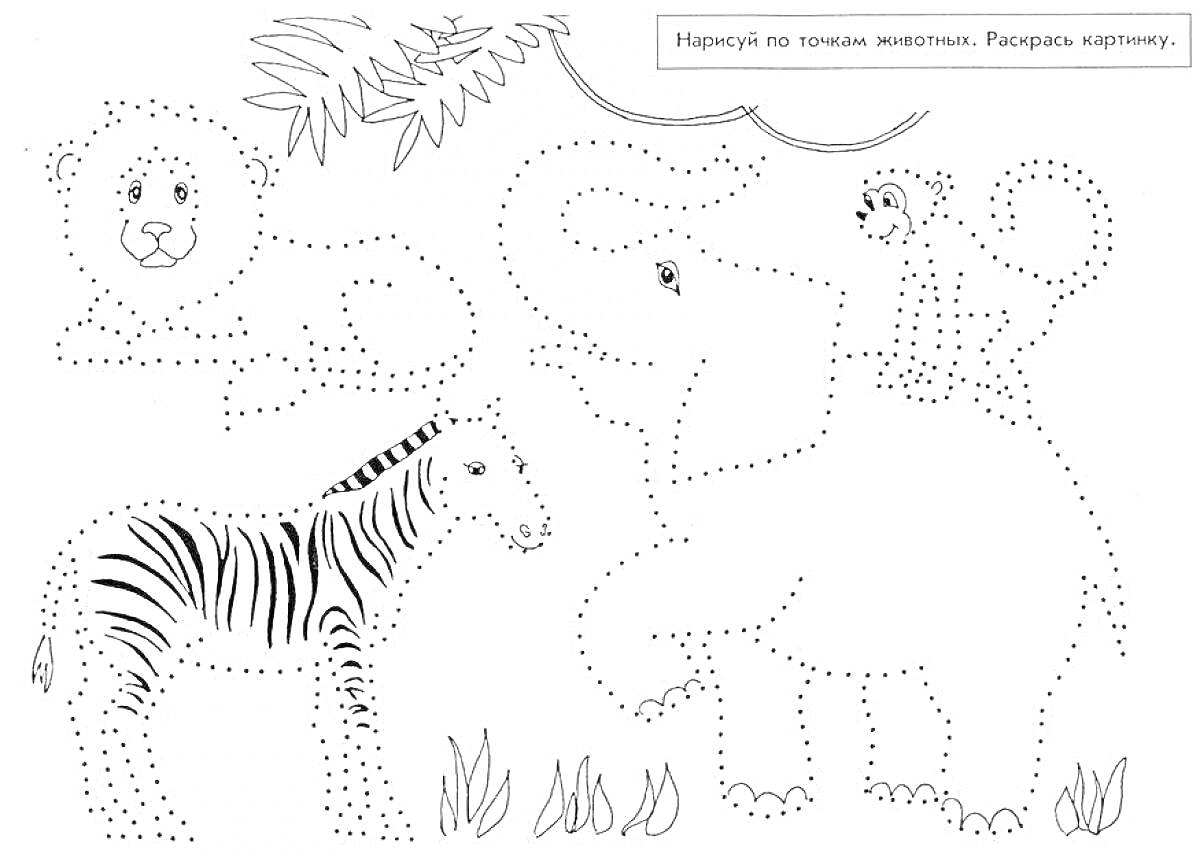 Раскраска Лев, слон с обезьяной, зебра и пальма