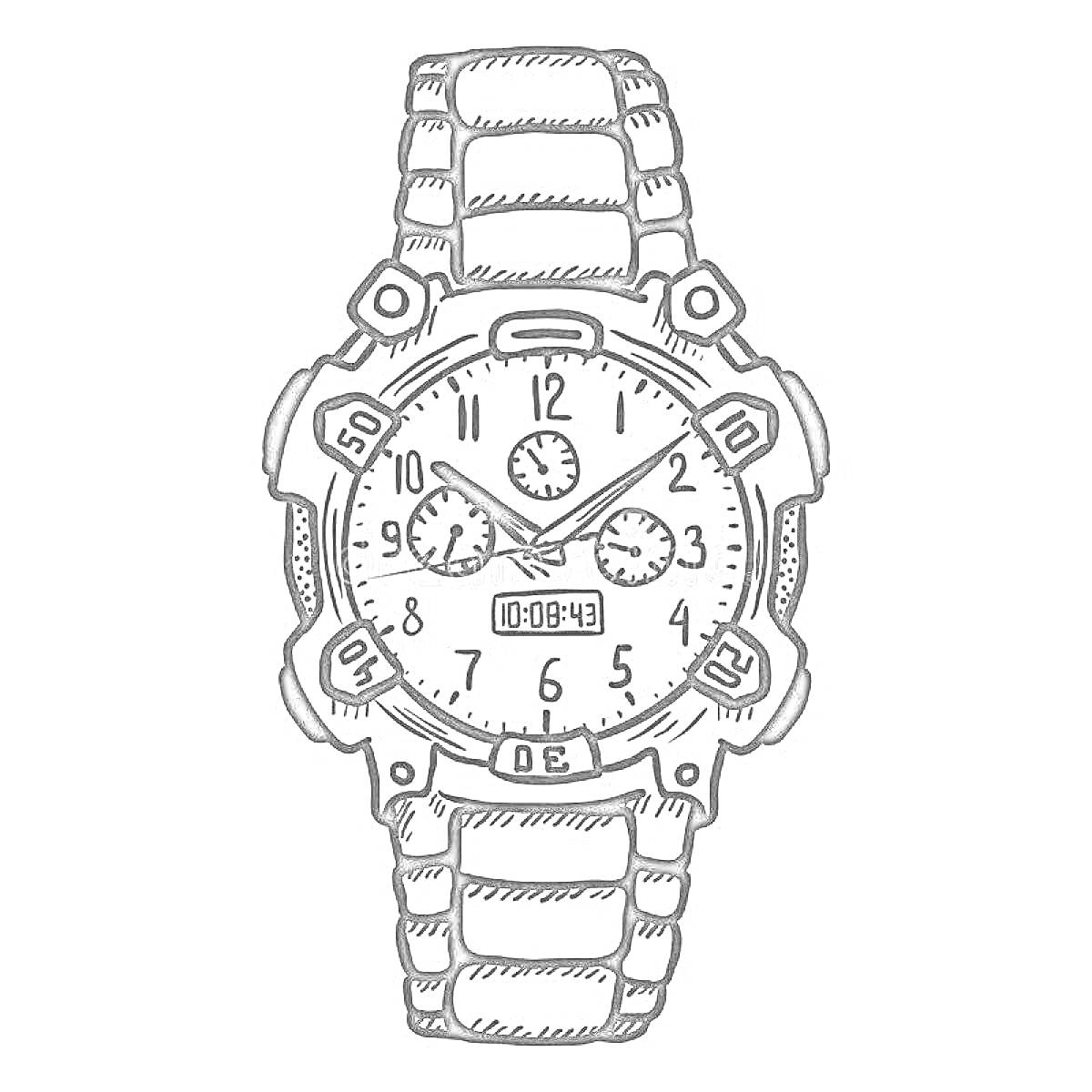 Раскраска Наручные часы с аналоговым и цифровым циферблатом, с тремя маленькими циферблатами и браслетом