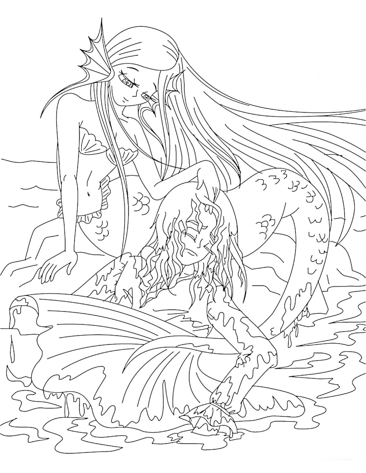 На раскраске изображено: Сирена, Длинные волосы, Чешуя, Волны, Плащ, Девочка, Морские животные
