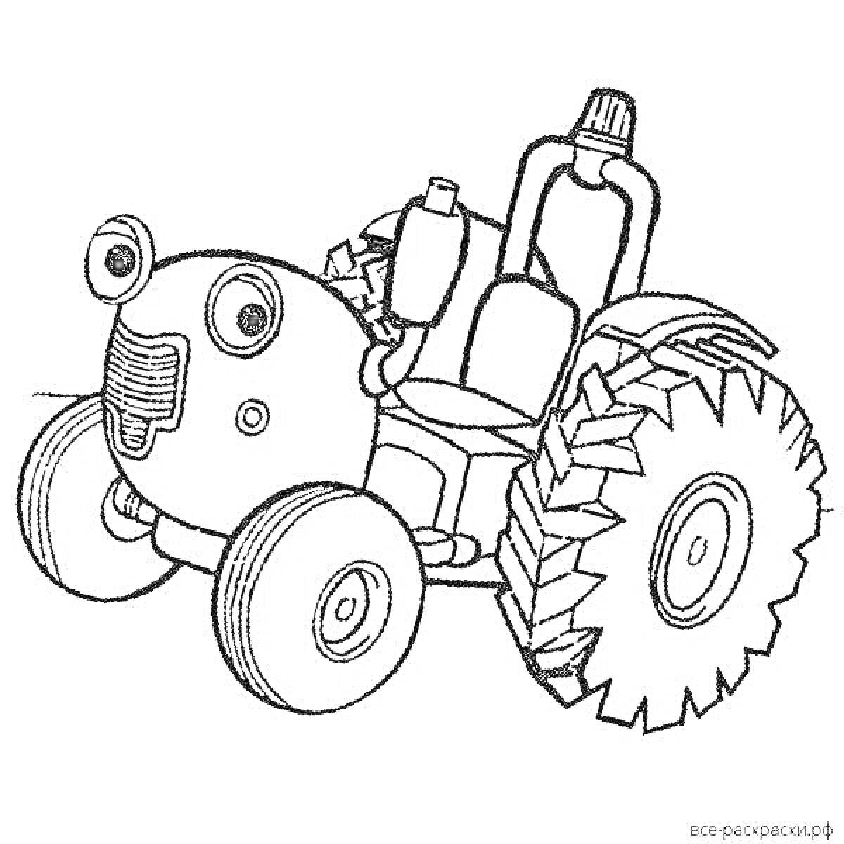 Раскраска Трактор с большими колесами, фарами и выхлопной трубой