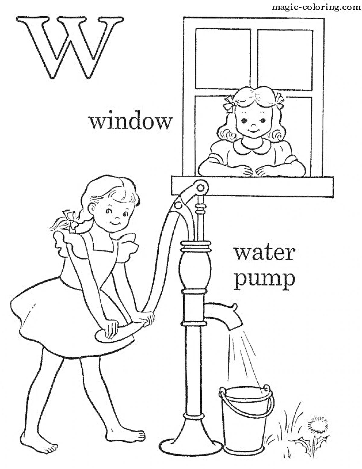 Раскраска Девочка качает воду с помощью насоса, девочка в окне, ведро с водой