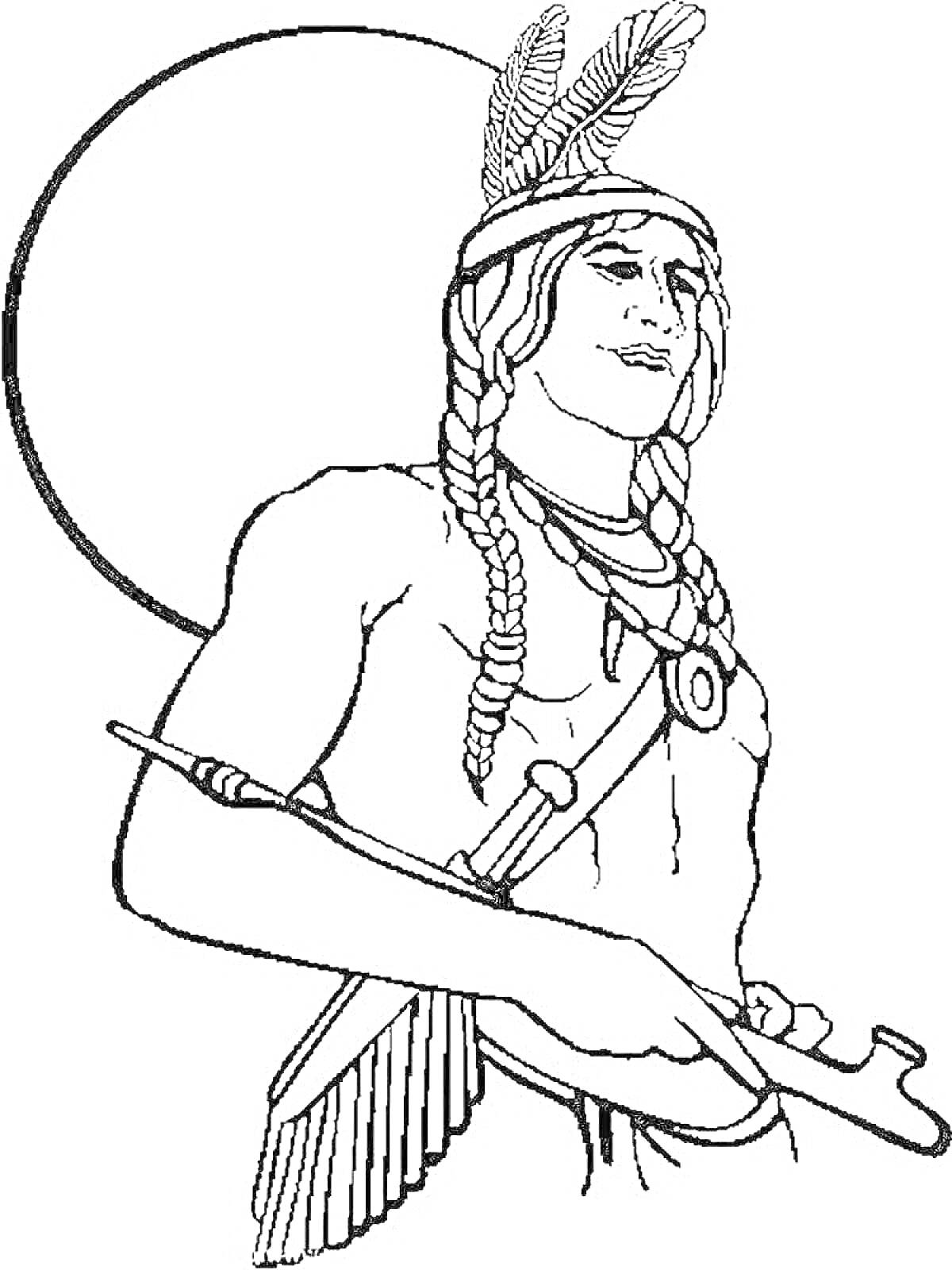 Раскраска Индейский воин с томагавком и перьями в волосах на фоне солнца