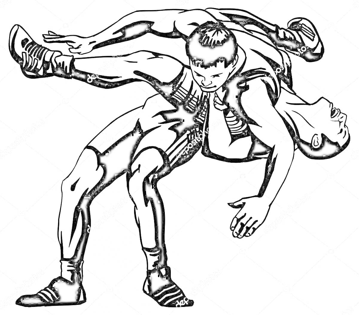 Раскраска Два борца в схватке, один борец выполняет бросок, оба в спортивных борцовках и обуви