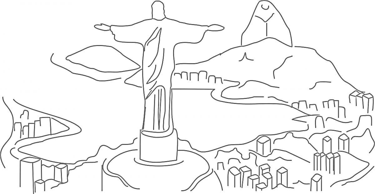 На раскраске изображено: Статуя, Горы, Здания, Достопримечательности, Бразилия