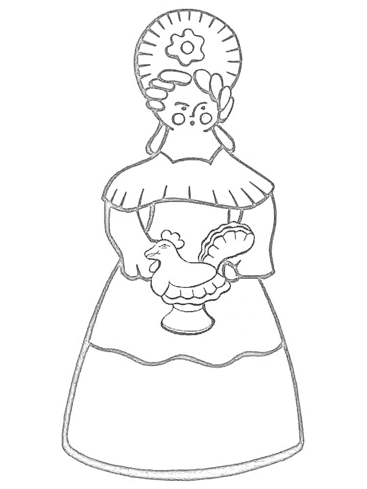 Женщина в традиционном головном уборе, держащая фигурку петушка