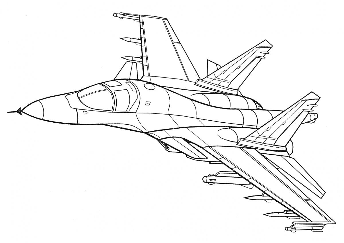 Раскраска Военный истребитель с деталями крыла, хвоста и вооружения