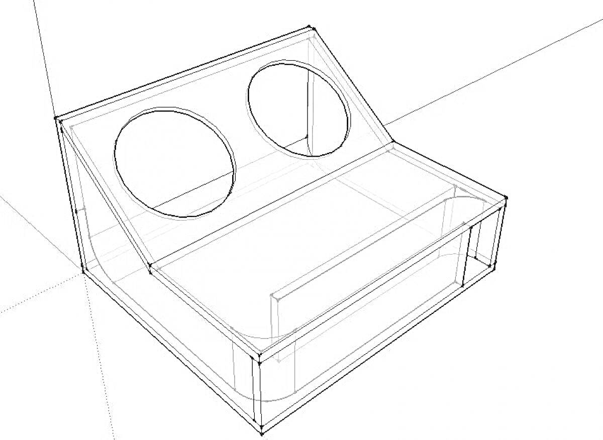 Раскраска Схематичное изображение корпуса сабвуфера с двумя круглыми отверстиями и угловым наклоном